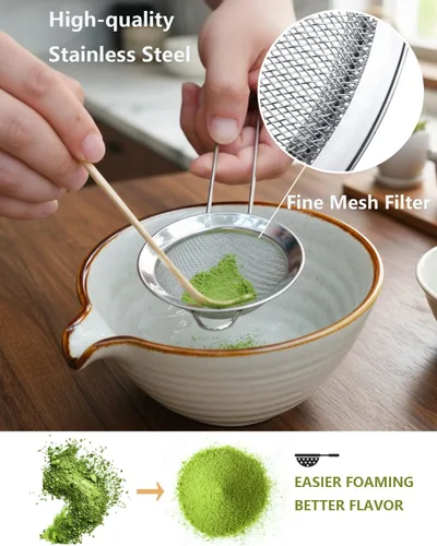 Vista 12 de Juego de batidor de matcha, juego de matcha, kit de matcha, cuenco de matcha con boquilla, cuchara, tamiz, batidor de bambú, soporte de Chasen