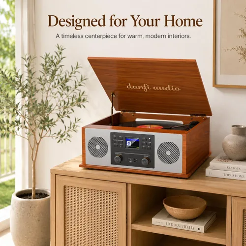 Vista 8 de Reproductor de discos multimedia 10 en 1 con altavoces, reproductor de CD, receptor Bluetooth, radio por Internet, grabación USB, tocadiscos de 3