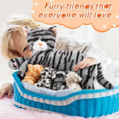 Vista 6 de Skylety Animal de peluche Nurturing con 4 gatitos de peluche, gatos de peluche para niñas y niños, mamá gatita de peluche con gatitos para regalos