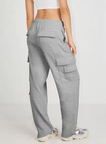 Vista 4 de BZB Pantalones deportivos cargo para mujer, elásticos, de cintura alta, con cordón, pantalones holgados de pierna recta, pantalones Y2K con bolsillos