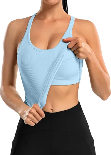 Vista 163 de ATTRACO Camiseta corta acanalada de entrenamiento para mujer con brasier integrado para yoga, espalda cruzada, ajuste ajustado