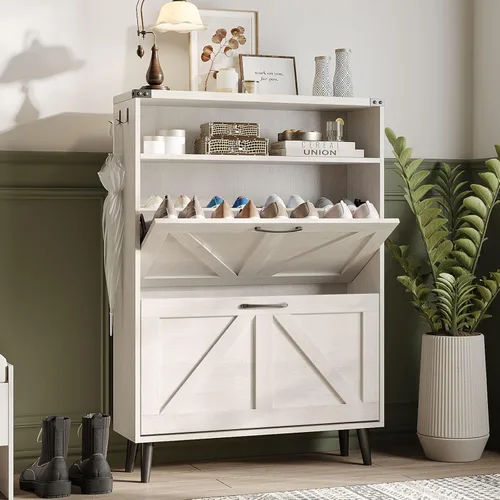Vista 12 de Halitaa - Gabinete para zapatos con 2 cajones abatibles y almacenamiento abierto, gabinete de almacenamiento de zapatos estilo granja para entrada