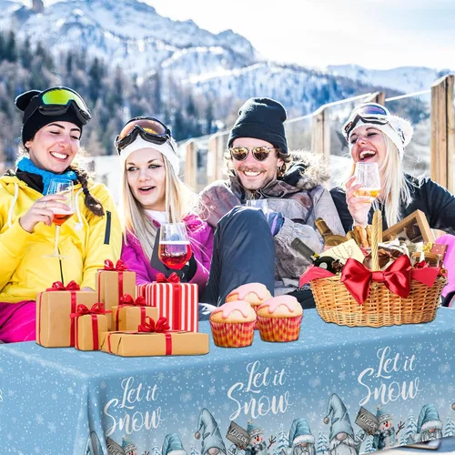 Vista 3 de Mantel de gnomo, 3 piezas, diseño de copo de nieve de Navidad, rectangular, para invierno, para suministros de fiesta, 42,590.6 in