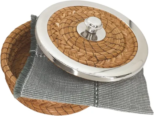 Vista 3 de Auténtica cesta calentadora de tortillas mexicanas - Aguja de pino tejida a mano con tela tejida a mano (borde de metal de 7 pulgadas con tela)