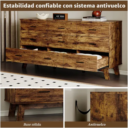 Vista 6 de BORNOON Cómoda para dormitorio con 9 cajones, cómoda moderna de 59 pulgadas de ancho con manijas de metal, base en forma de X y pata central