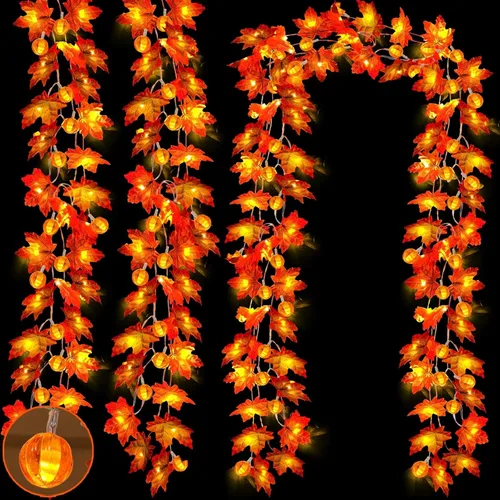 Vista 10 de Temporizador y paquete de 3 guirnaldas de otoño con luces de calabaza 60