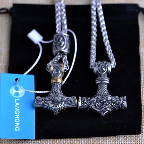 Vista 8 de Collar de martillo de Thor vikingo nórdico Mjolnir para hombre, joyería de talismán
