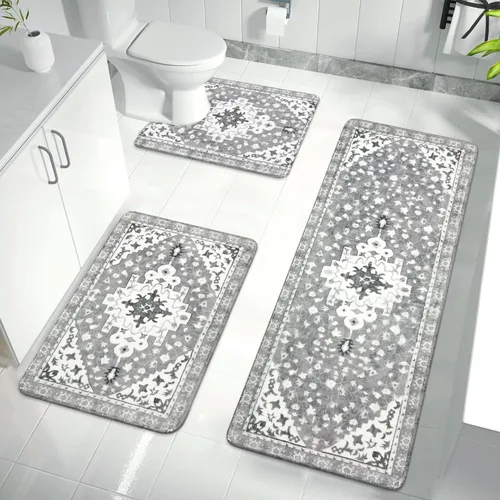 Vista 8 de Uphome Juego de 2 tapetes de baño bohemios vintage, antideslizantes, suaves, lavables a máquina, oriental estético, tapete de baño tradicional