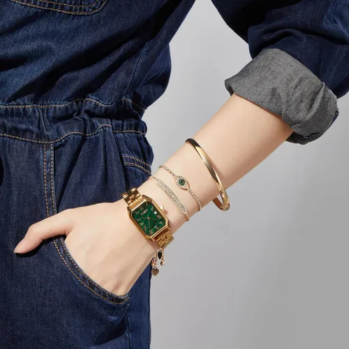 Vista 2 de TIME100 Women's Rectangle Bracelet Watch Set Premium Crystal Accented Bangle Watch W50889L Dorado