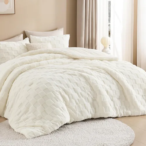 Vista 12 de Litanika - Juego de edredón esponjoso tamaño individual color beige, 3 piezas, ropa de cama de sherpa de felpa cálida para invierno, juego de cama