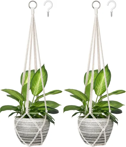 Vista 7 de Dahey Colgador de macramé para plantas, cesta colgante de interior hecha a mano, cuerda de algodón tejida a mano, soporte decorativo de ganchillo