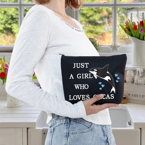 Vista 6 de LEVLO Divertida bolsa de cosméticos de ballena asesina, regalo para amantes de los animales, solo una chica que ama a las orcas maquillaje