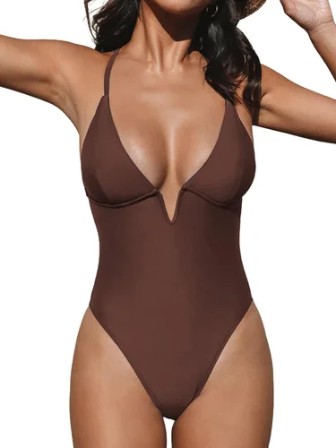 Vista 28 de CUPSHE Traje de baño de una pieza para mujer, cuello en V profundo, espalda entrecruzada con tirantes delgados ajustables Beige/Negro Wave