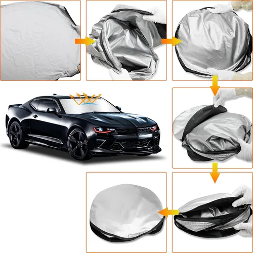 Vista 6 de D-Lumina Parasol plegable para parabrisas para Chevy Camaro 2016 2017 2018 2019 2020 2021 2022 2023, protector de visera de sol frontal bloquea