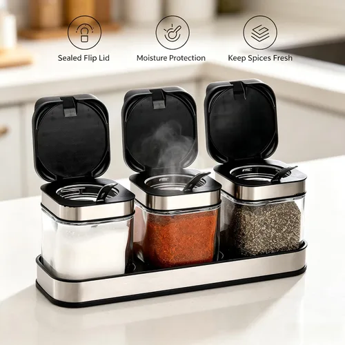 Vista 5 de DEAYOU Paquete de 3 cajas de condimentos de vidrio con bandeja, recipiente transparente para condimentos con tapa de acero inoxidable 18/10
