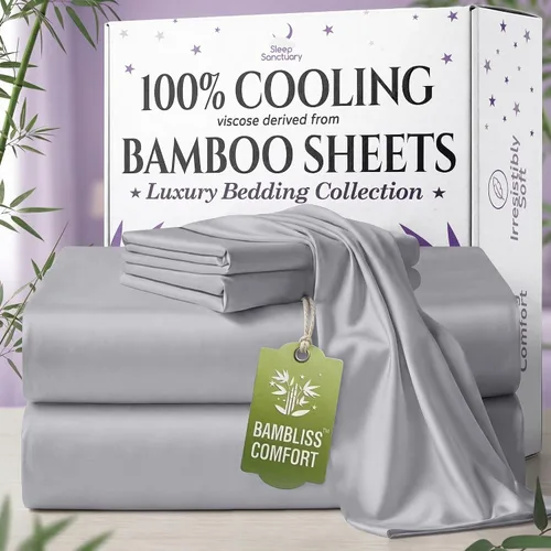 Vista 37 de SLEEP SANCTUARY - Juego de sábanas 100% viscosa derivada de bambú tamaño individual 4 piezas – Sábanas de lujo BamBliss de enfriamiento