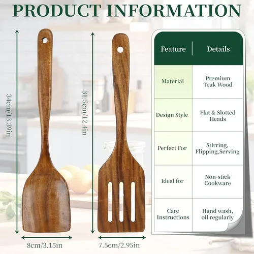 Vista 4 de Bkiok Cuchara de madera para cocinar, juego de utensilios de cocina de madera de teca hechos a mano, espátula plana y espátula ranurada