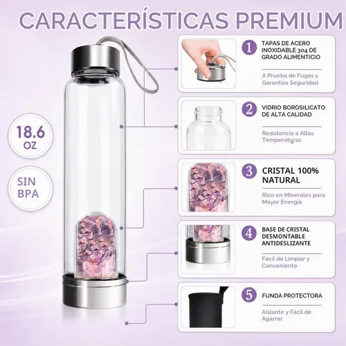 Vista 3 de ChezMax Botella de agua en cristal con centro de cristal natural intercambiable A - Amatista + cristal rosa