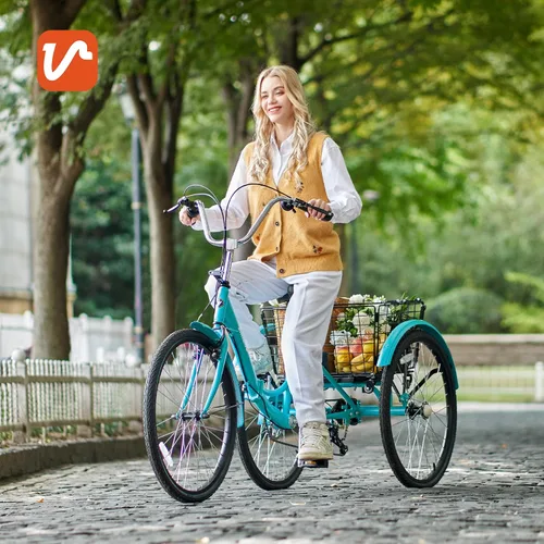 Vista 2 de VIRIBUS Triciclo plegable para adultos, triciclo plegable de 7 velocidades para adultos con cesta con ruedas extraíble, bicicletas plegables de 3