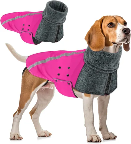 Vista 10 de SlowTon Abrigo de invierno para perro, cálida chaqueta para perros con forro polar para exteriores con bufanda de cuello alto, raya reflectante E.