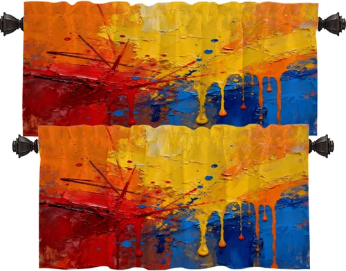 Vista 194 de Shrahala Beige and Orange Abstract Art Brushstrokes Blackout Curtain Tiers, Abstract Oil Paint Kitchen Valance Light Blocking Tier Drapes with Rod