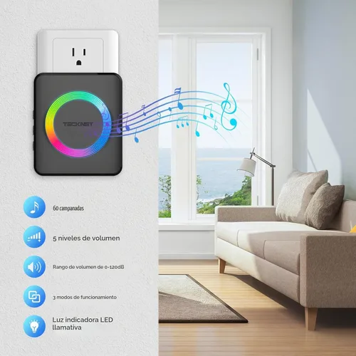 Vista 2 de TECKNET Timbres Inalámbricos para el Hogar, IP65 Impermeable 1,300 Pies 120dB Timbre de Puerta Inalámbrico para Aula con 60 Melodías y 5 Niveles