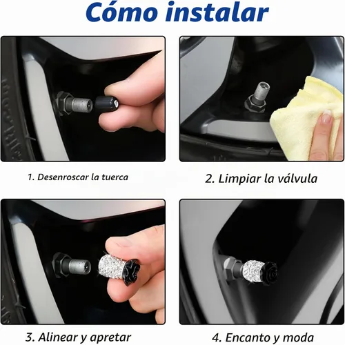 Vista 7 de Tapas brillantes para válvula de neumático 4 Pack, tapas de válvula de neumático con flores de rosa, cubiertas universales de vástago con diamantes