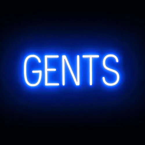 Vista 45 de SpellBrite Letrero de MEN para baños de negocios Letreros relacionados con el baño con aspecto de neón, luz LED azul 13.8 x 6.3 pulgadas