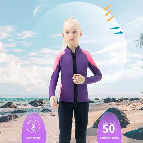 Vista 4 de Trajes de neopreno para niños, 0.118 in, de manga larga, con cremallera frontal, para niños y niñas, para mantener el calor en deportes acuáticos
