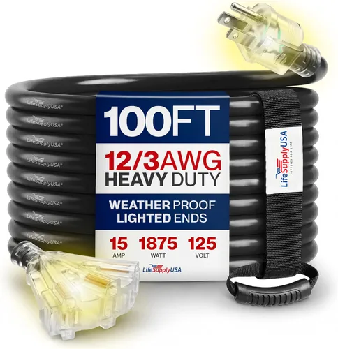 Vista 14 de Cable de extensión de 3 pies para exteriores/interiores, 3 tomas, calibre 12/3, extra resistente, 3 clavijas SJTW, impermeable, flexible, resistente