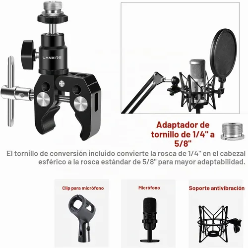 Vista 3 de Pinza de micrófono con cabeza de bola ajustable y tornillo de micrófono, compatible con micrófonos y accesorios de fotografía