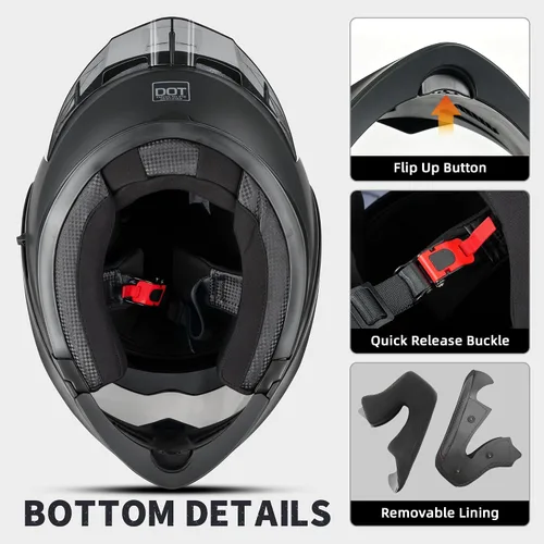 Vista 7 de Cascos de motocicleta modulares de cara completa, Casco de motocicleta de cara completa con certificación DOT, con visor abatible dual