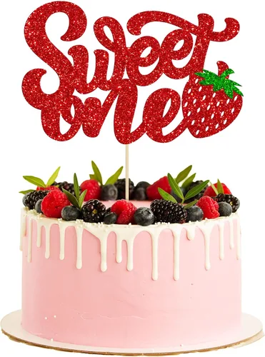 Vista 10 de 1 paquete de decoración de pastel de fresa con purpurina para temática de frutas, baby shower, fiesta de cumpleaños de niños, suministros