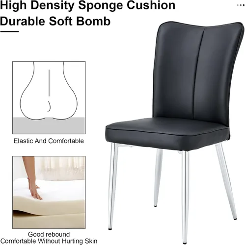 Vista 6 de Set of 4 Modern Minimalist Dining Chairs -Black PU Leather Sofa-Style Seating, Curved Backrest+ Seat Cushions,Silver Electroplated Metal