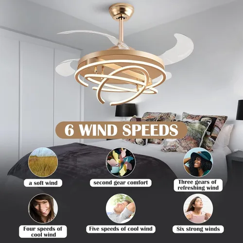 Vista 6 de Ventiladores de techo retráctiles de 42 pulgadas con control remoto de luces, modernos anillos de ventilador de techo LED, ventiladores de techo