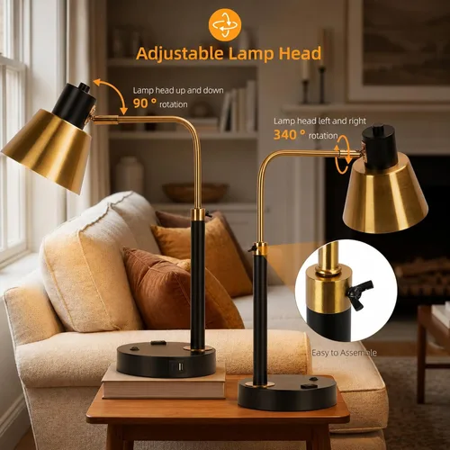 Vista 4 de Lámpara de escritorio con USB-C, USB-A y toma de CA, lámpara de escritorio de metal ajustable con cabezal giratorio de 340°, lámpara de mesa