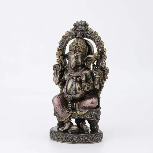 Vista 2 de Veronese Design 10 1/4 pulgadas de alto Lord Ganesha sentado en el trono con arco del templo elefante hindú Dios Fortuna Estatua de resina bronceada