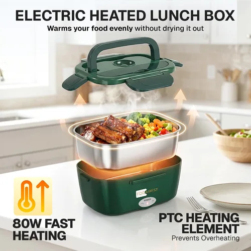 Vista 2 de FORABEST Lonchera térmica – Fiambrera eléctrica de 80 W – Calentador de alimentos portátil con 2 recipientes de acero inoxidable de 1.5 L, bolsa