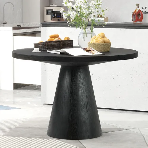 Vista 17 de WILLIAMSPACE Mesa de comedor de madera, mesa de cocina redonda extensible, mesa de comedor retro para 4 a 6, mesa de comedor rústica para comedor