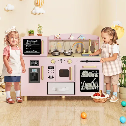 Vista 7 de INFANS Juego de cocina para niños, juego de juguetes de cocina de madera para niños pequeños con tablero de dibujo acrílico, máquina de hielo