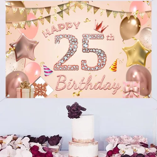 Vista 4 de Cartel de tela con texto en inglés "Happy 25th Birthday" para mujer jovencita/mujer de 25 años, cartel de tela para fiesta de cumpleaños de 25 años