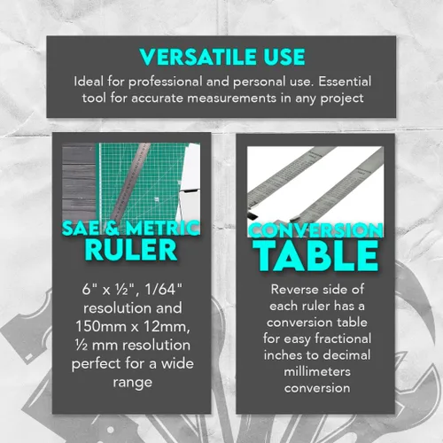 Vista 5 de SE Juego de reglas métricas SAE de acero inoxidable - Herramienta de medición de regla de precisión de acero inoxidable - Clips desmontables - Juego