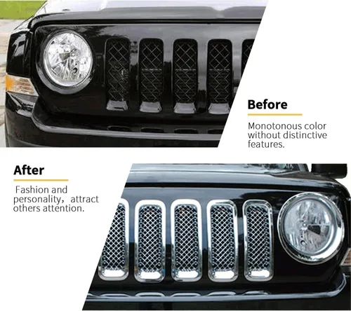 Vista 2 de Rejilla frontal de malla para rejilla decorativa compatible con Jeep Patriot 2011-2016, ABS cromado, 7 piezas cromo a