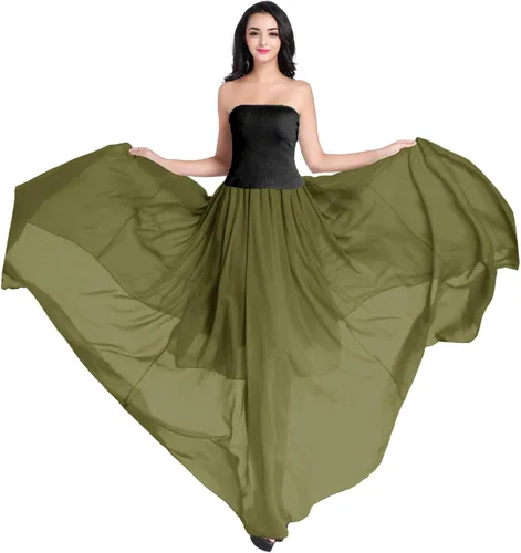 Vista 3 de V28 Falda larga de chifón elástica hasta el tobillo estilo retro para mujer Verde militar