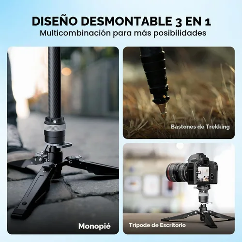 Vista 8 de COMAN Monopod de fibra de carbono M1 de 62.8 pulgadas para cámara, monopie de elevación con un solo clic con pies, compacto para viajes, carga