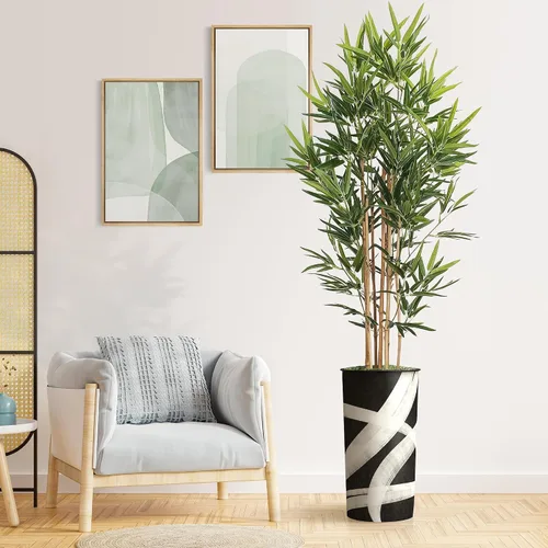 Vista 11 de Árbol artificial en macetero con patrón geométrico, palmera tropical areca artificial de seda para decoración del hogar en interiores y exteriores