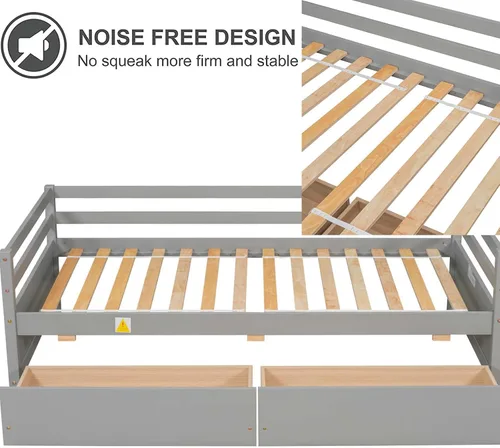 Vista 6 de Marco de sofá cama de madera de tamaño individual con 2 cajones de almacenamiento, sofá cama multifuncional con soporte de listones de madera
