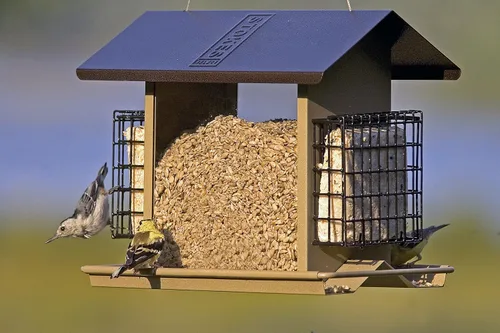 Vista 2 de Stokes Select Comedero para pájaros con tolva grande con dos soportes para tartas de sebo, capacidad de semillas de 6 libras