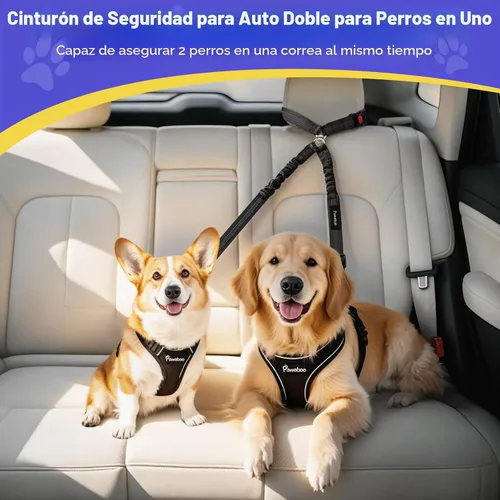 Vista 2 de Cinturón de seguridad para perros Pawaboo para coche, cinturón de seguridad para mascotas con reposacabezas y doble correa, 360° sin enredos para 2