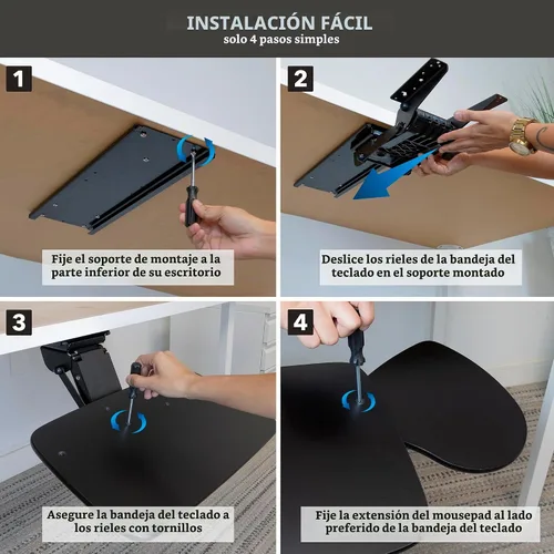 Vista 7 de Mount-It! Bandeja para teclado debajo del escritorio de movimiento completo con soporte para muñeca Plataforma de teclado deslizable ergonómica